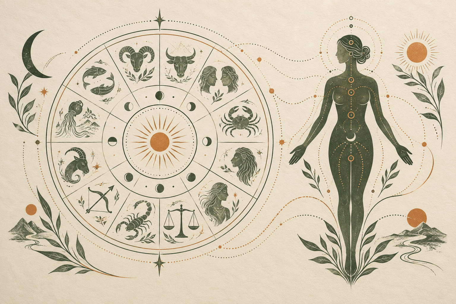Illustrative twelve-part natal wheel with a symbolic human figure