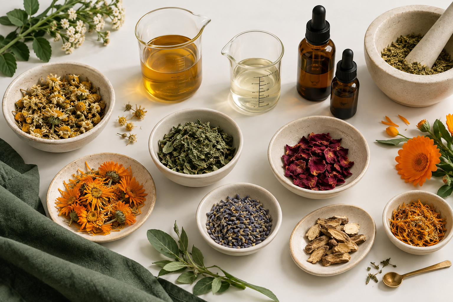 Dried herbs arranged in separate dishes beside glass measuring cups and amber bottles