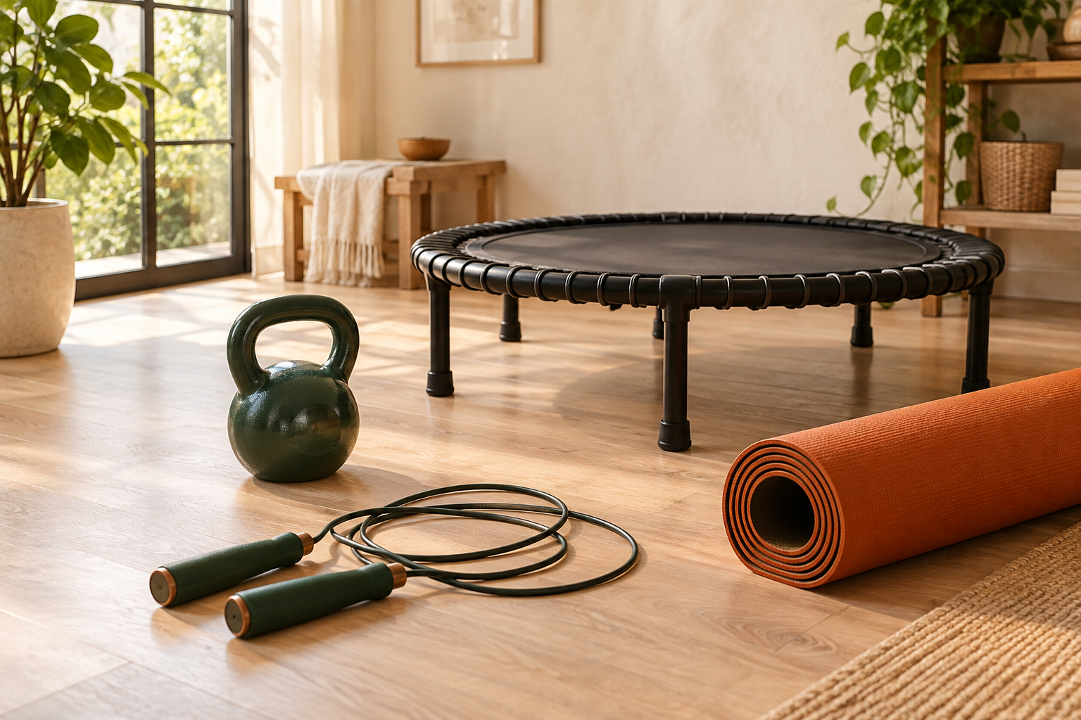 A jump rope, kettlebell, exercise mat and mini trampoline in a training space