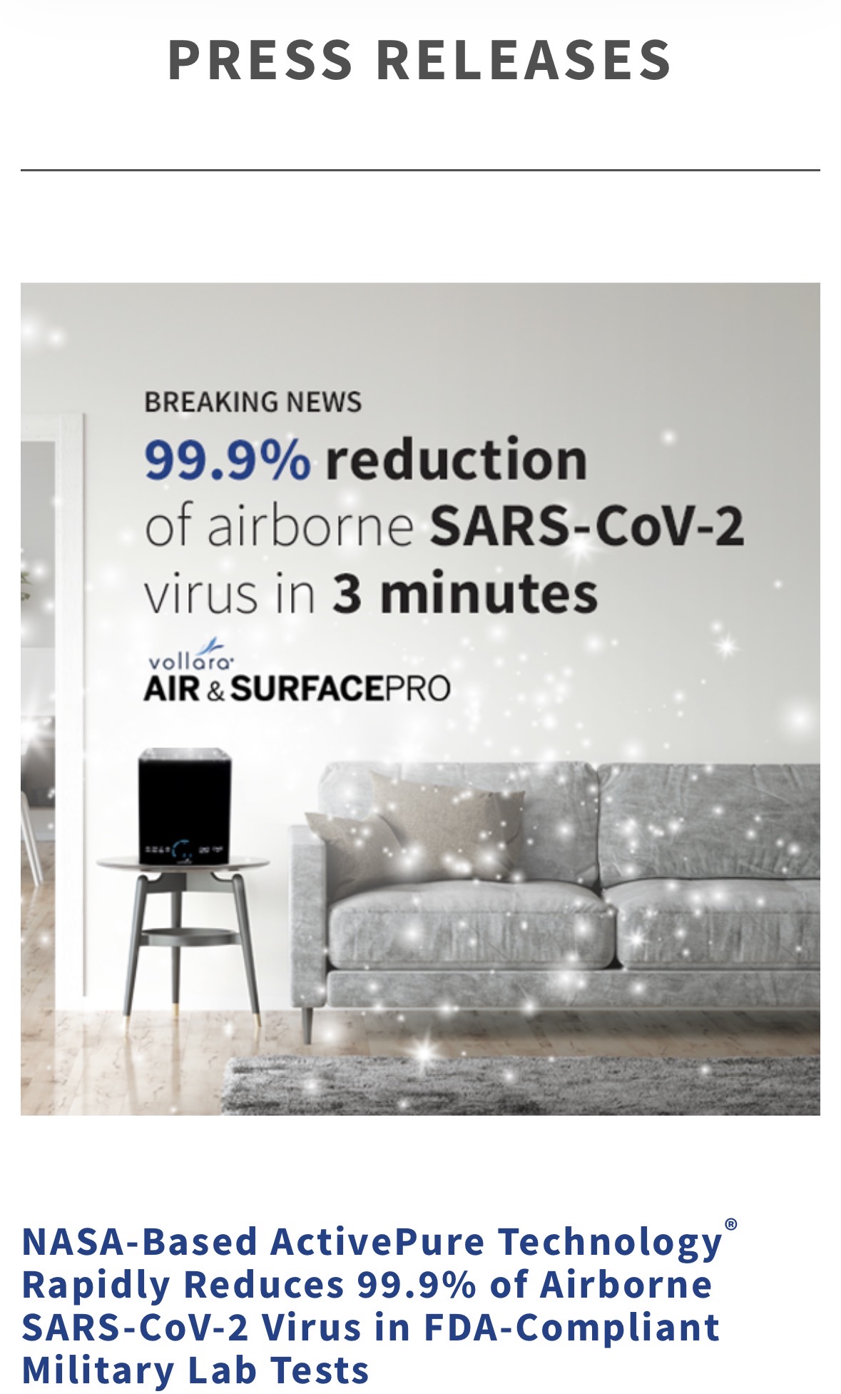 Original Vollara ActivePure flyer: 99.9% reduction of airborne SARS-CoV-2 virus in 3 minutes